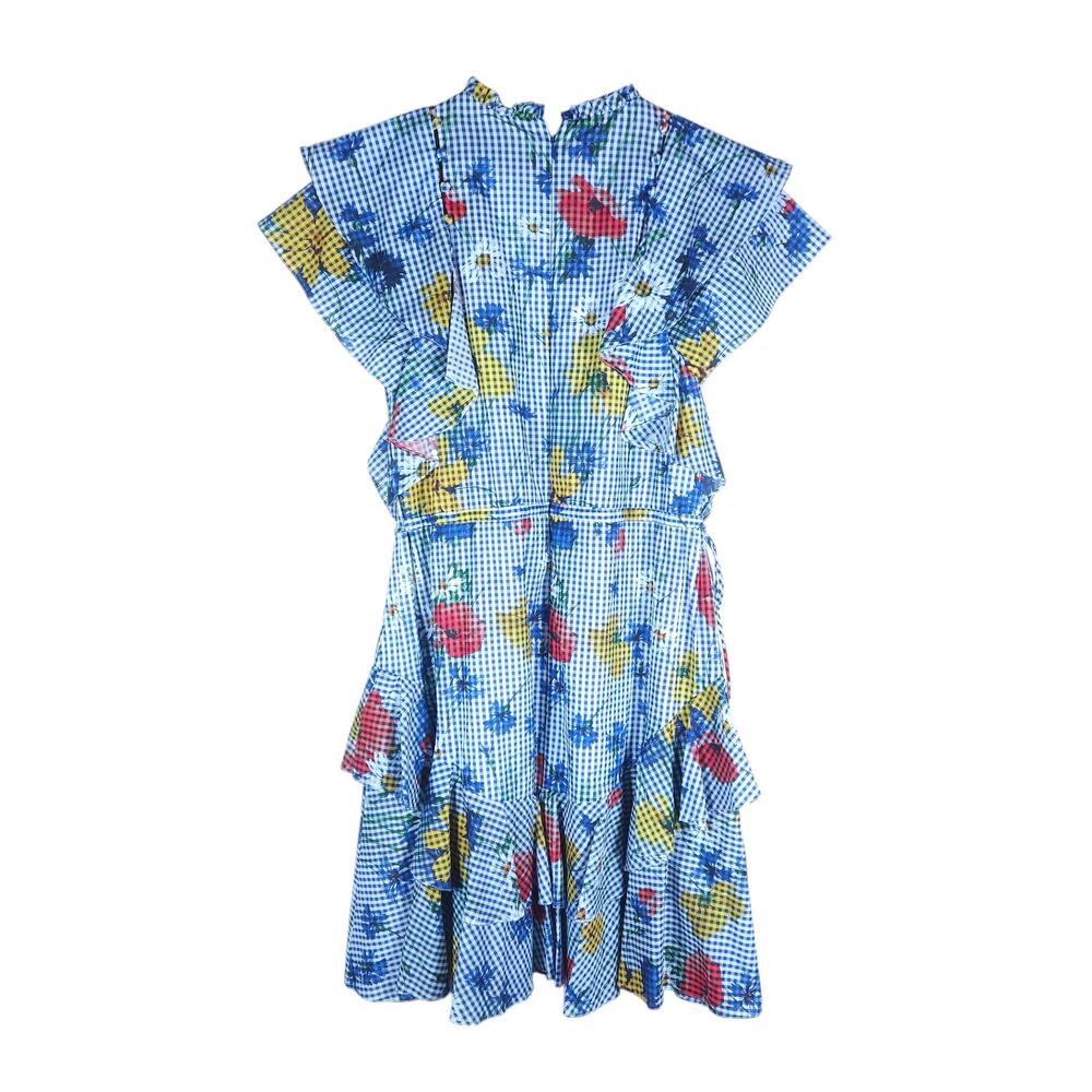 Pearl by Lela Rose Floral Gingham Dress 8 Blue White Ruffle Detail Cottagecore - Picture 6 of 15